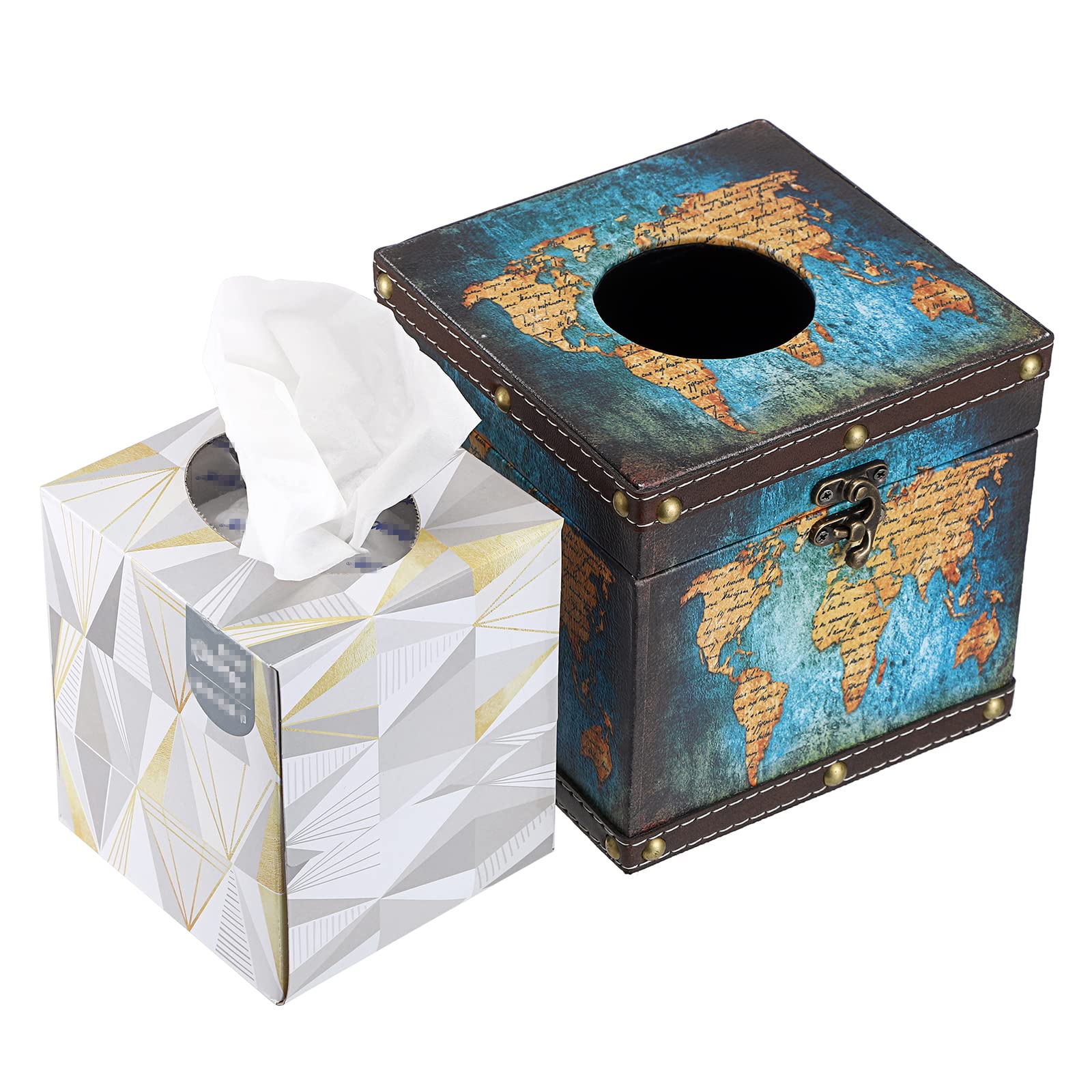 Sumnacon Retro Wood Square Tissue Box Cover - Vintage Cube Tissue Box Holder, Decorative Facial Tissue Holder for Bedroom Bathroom Dresser Night Stand Table Car Store Office Home Decor, Green