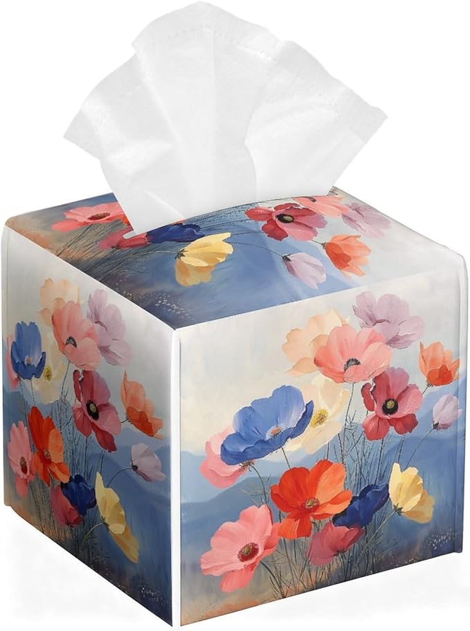 Floral Tissue Box Cover Leather Tissue Box Holder Square Facial Paper Organizer Dispenser for Bathroom Kitchen Bedroom Vanity Countertop Night Stands