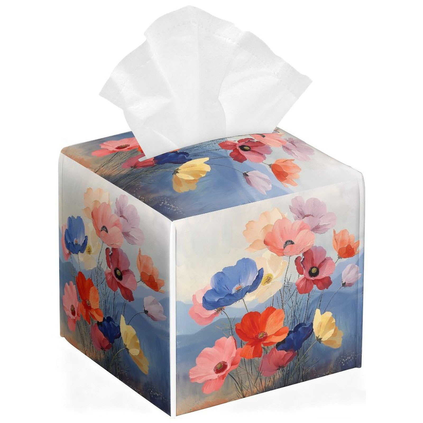 Floral Tissue Box Cover Leather Tissue Box Holder Square Facial Paper Organizer Dispenser for Bathroom Kitchen Bedroom Vanity Countertop Night Stands