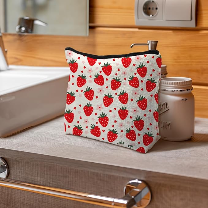 Supwhd Cut Red Strawberry Makeup Bag Portable Cosmetic Bag Zipper Pouch Toiletry Bag for Purse, Strawberry Stuff Gifts for Women Girls