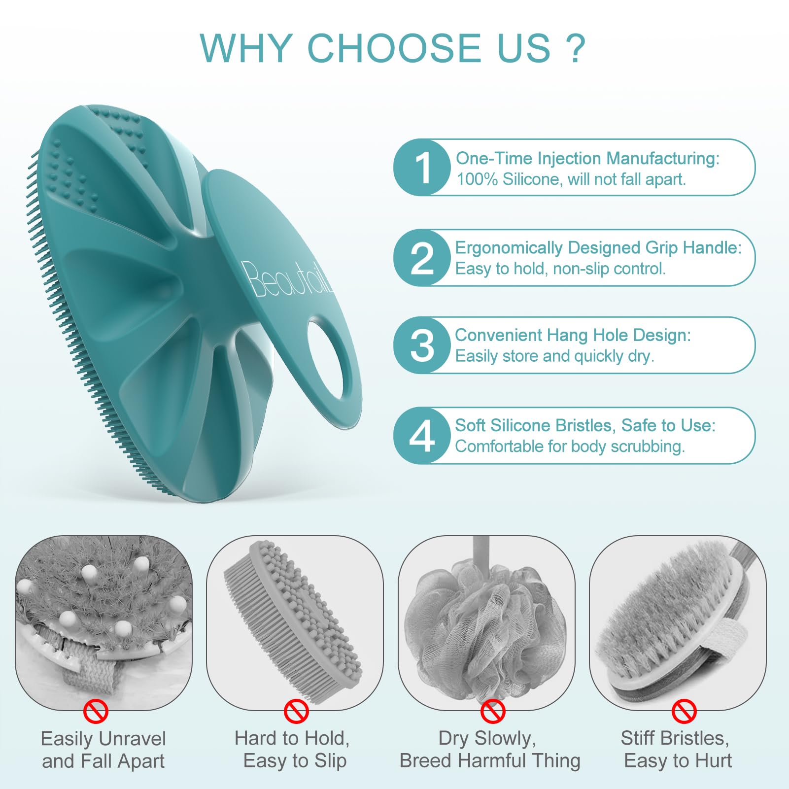 BEAUTAIL Silicone Body Scrubber, Gentle Exfoliating Brush on Sensitive Skin