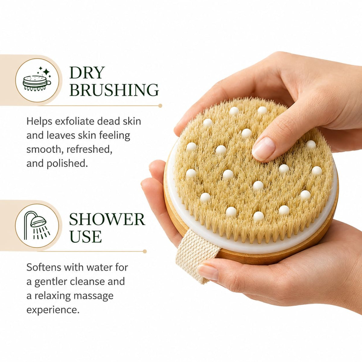Vera Essence Dry Body Brush for Women & Men, Dry Brush for Lymphatic Drainage, Exfoliating Body Brush with Natural Boar Bristles, Massage Nodes & Bamboo Base for Dry Skin