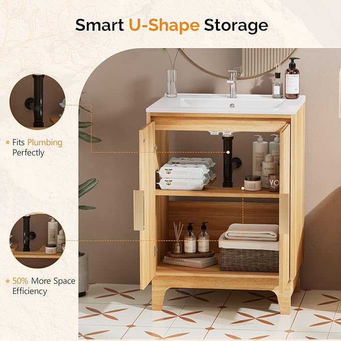 VINGLI 24 Inch Bathroom Vanity with Sink, Mid Century Modern Fluted Vanity Cabinet with Ceramic Basin, Small Free Standing Combo for Powder Room, Soft Close Doors, Natural Oak