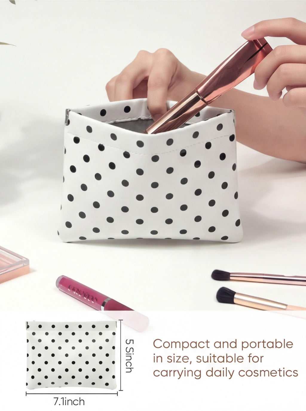 Ksriylm Dots Leather Makeup Pouch Set for Women Small Make Up Bag for Purse Waterproof Initial Makeup Cosmetic Bags Pouches for Purse Aesthetic Travel Toiletry Bag,White Black