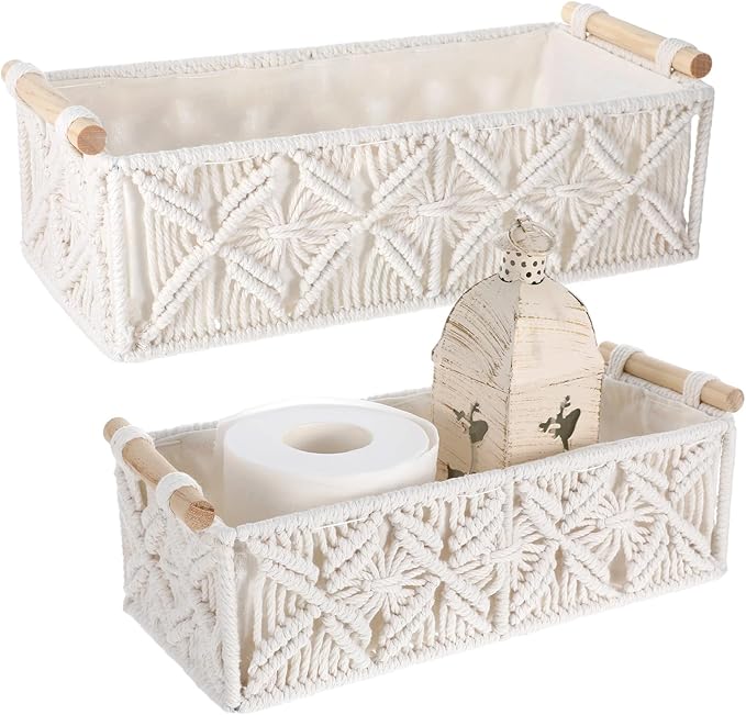 Macrame Storage Baskets 2PCS, Boho Woven Decorative Basket for Organizing with Handle, Countertop Toilet Paper Storage Container for Tank Bedroom Nursery Livingroom Entryway(White)