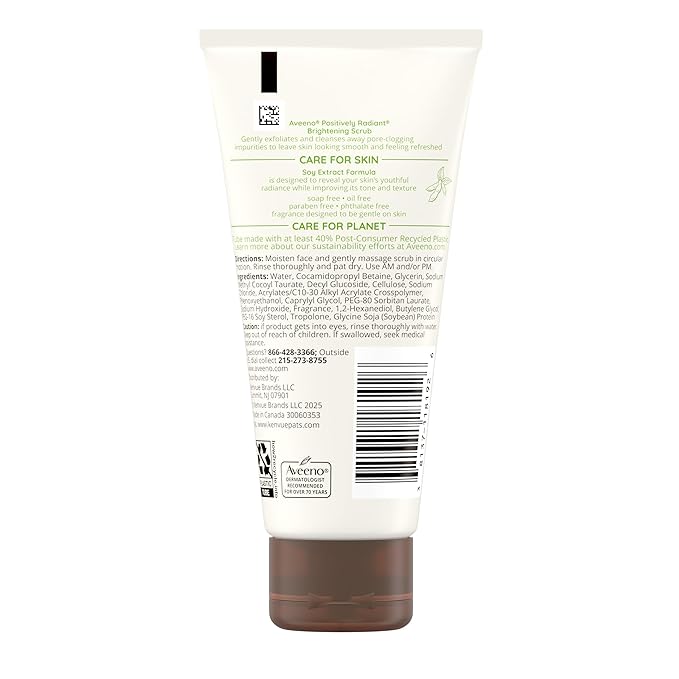 Aveeno Positively Radiant Skin Brightening Exfoliating Daily Facial Scrub,Moisture-Rich Soy Extract,helps improve skin tone & texture,Oil-& Soap-Free,Hypoallergenic,Travel Size,2 oz,(Pack of 2)