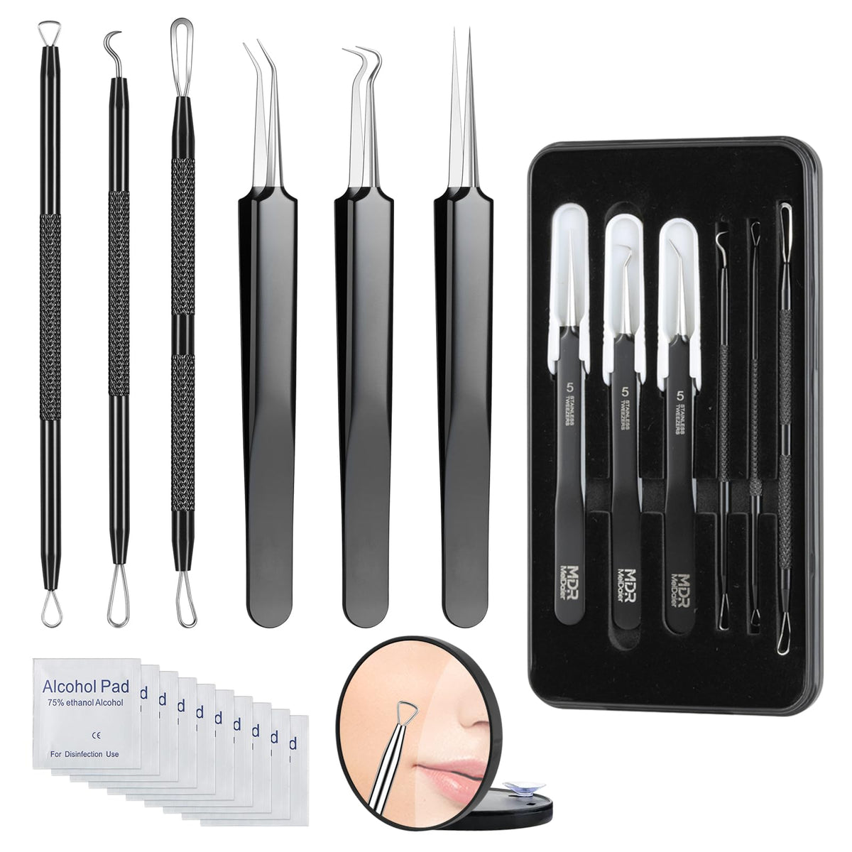 Meidaier 7Pcs Blackhead Remover Kit, Stainless Steel Acne Comedone Extractor with 10X Magnifying Glass & 20 75% Alcohol Pads, Pimple Whitehead Blemish Removal, Anti-Slip Handle & Storage Box