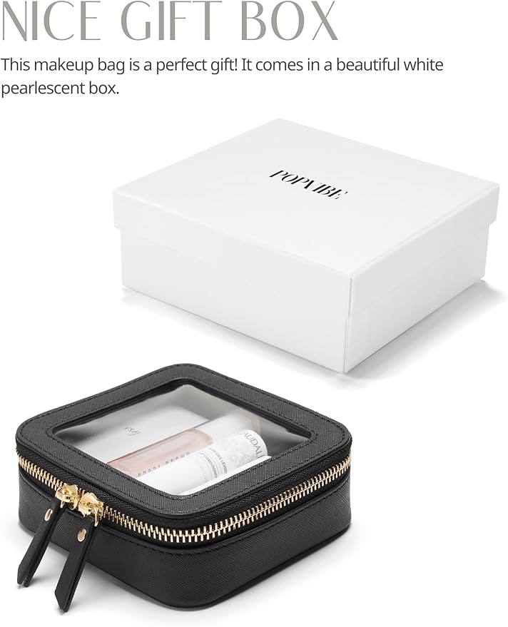 Mini Clear Black Makeup Bag - Cute Square Cosmetic Pouch for Travel with Zipper - For Women & Girls