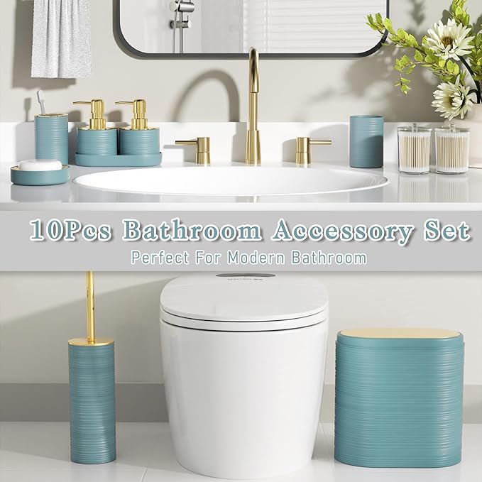 InnJoey Bathroom Set, 10PC Bathroom Accessory Set, Light Blue Bathroom Accessories, Blue and Gold Bathroom Set with Trash Can, Soap Dispensers