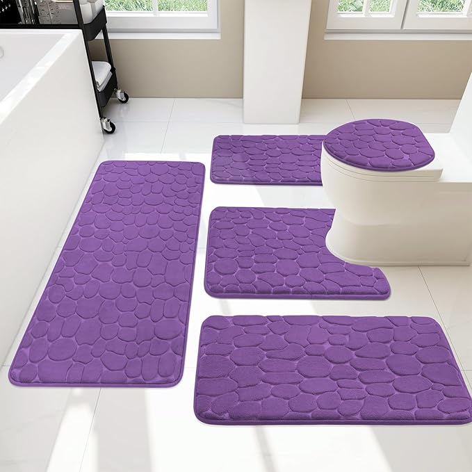 YIHOUSE Bathroom Rugs Mat Set, Memory Foam Bath Mat 5 Piece Purple