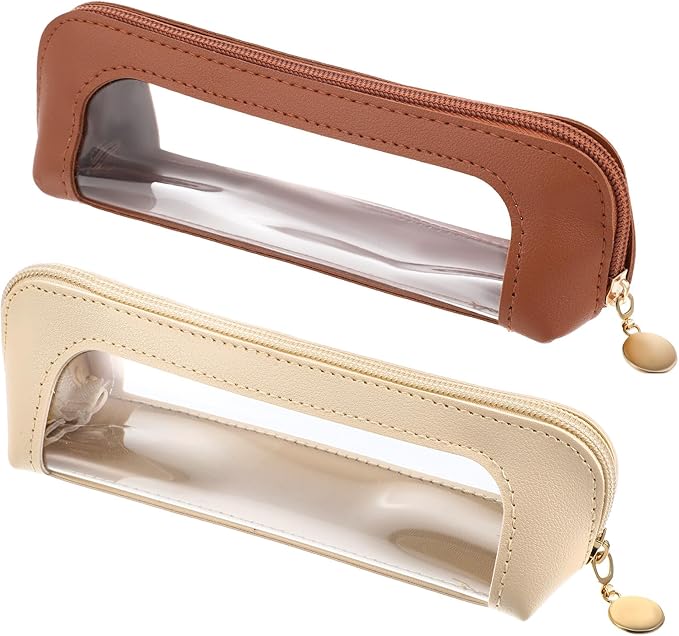 Kifmurase 2Pcs Clear Makeup Brush Bag, Leather Slim Makeup Case, Portable Transparent Waterproof Cosmetic Pouch with Zipper, Double Sided Clear Bag for Women Travel Storage (White, Brown)