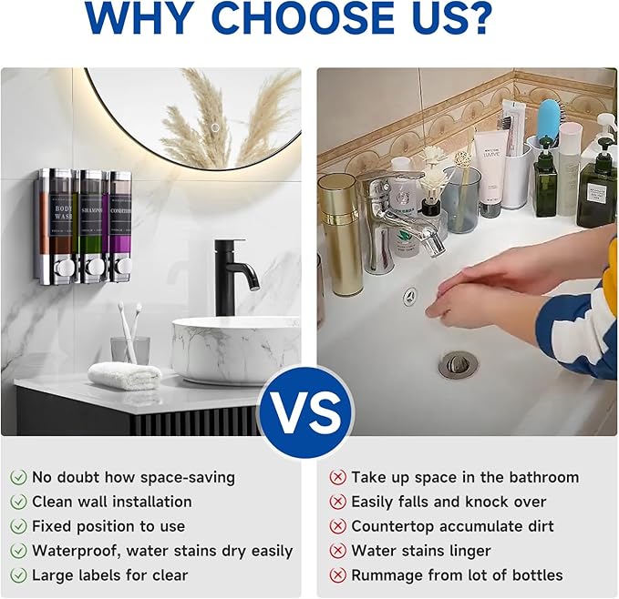 Shower Soap Dispenser Wall Mounted No Drill Shampoo Dispenser for Shower Wall Shampoo and Conditioner Dispenser Bathroom Hotel 3 * 300ml Chrome 1
