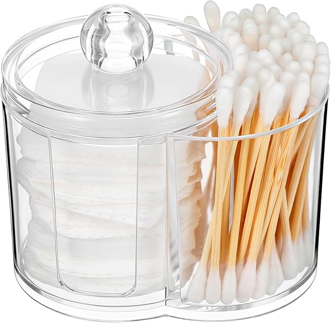 Yolev Qtip Holder with Dual Compartments Clear Cotton Round Holder Plastic Vanity Canister with Removable Dustproof Lid Cotton Swab Container for Cottons Swabs Makeup Storage Container Accessories