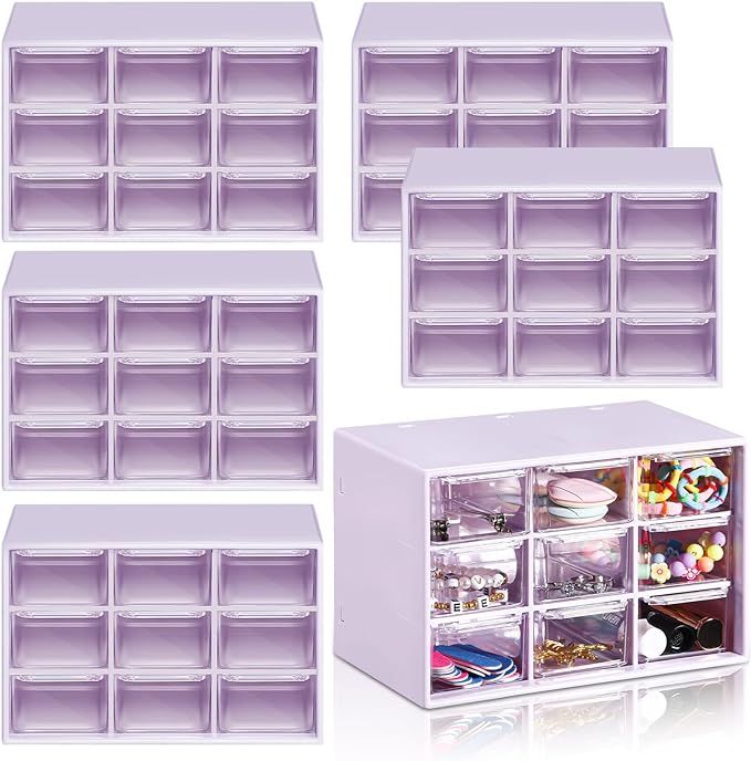 Amyhill 6 Pcs Mini Drawer Organizer Small Organizer with 9 Drawers Plastic Desktop Craft Storage Box for Office Home Room Jewelry Cosmetics Collection(Purple)