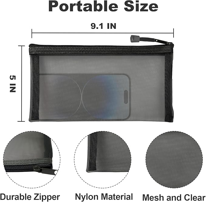 CarryEpic Mesh Bags with Zipper (6 Packs), Small Nylon Makeup Bag Cosmetic Pouches Travel Organizer Case for Purse Diaper Bag Home Organizing Black