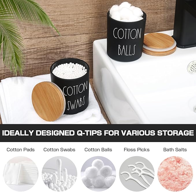 ALPIRIRAL Matte Black Bathroom Accessories Set, 5 Pcs Glass Bathroom Accessory Set with Bamboo Tray, Soap Dispenser and Toothbrush Holder Set, Qtip Holder Set, Farmhouse Boho Bathroom Set Complete