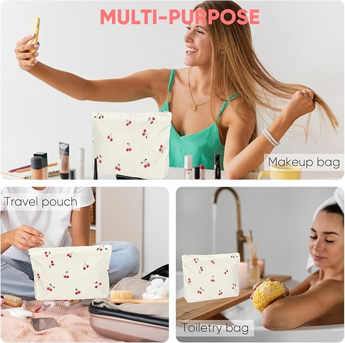 Ksriylm Cute Makeup Pouch for Women Cherries Small Make Up Bag for Purse Zipper Makeup Cosmetic Bags Pouches for Purse Aesthetic Travel Toiletrybags,Red Cherry Cute