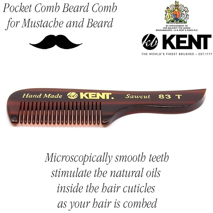 Kent 83T Small Gentleman's Beard and Mustache Pocket Comb, Fine Toothed Pocket Size for Facial Hair Grooming and Styling. Saw-cut of Quality Cellulose Acetate, Hand Polished. Hand-Made in England