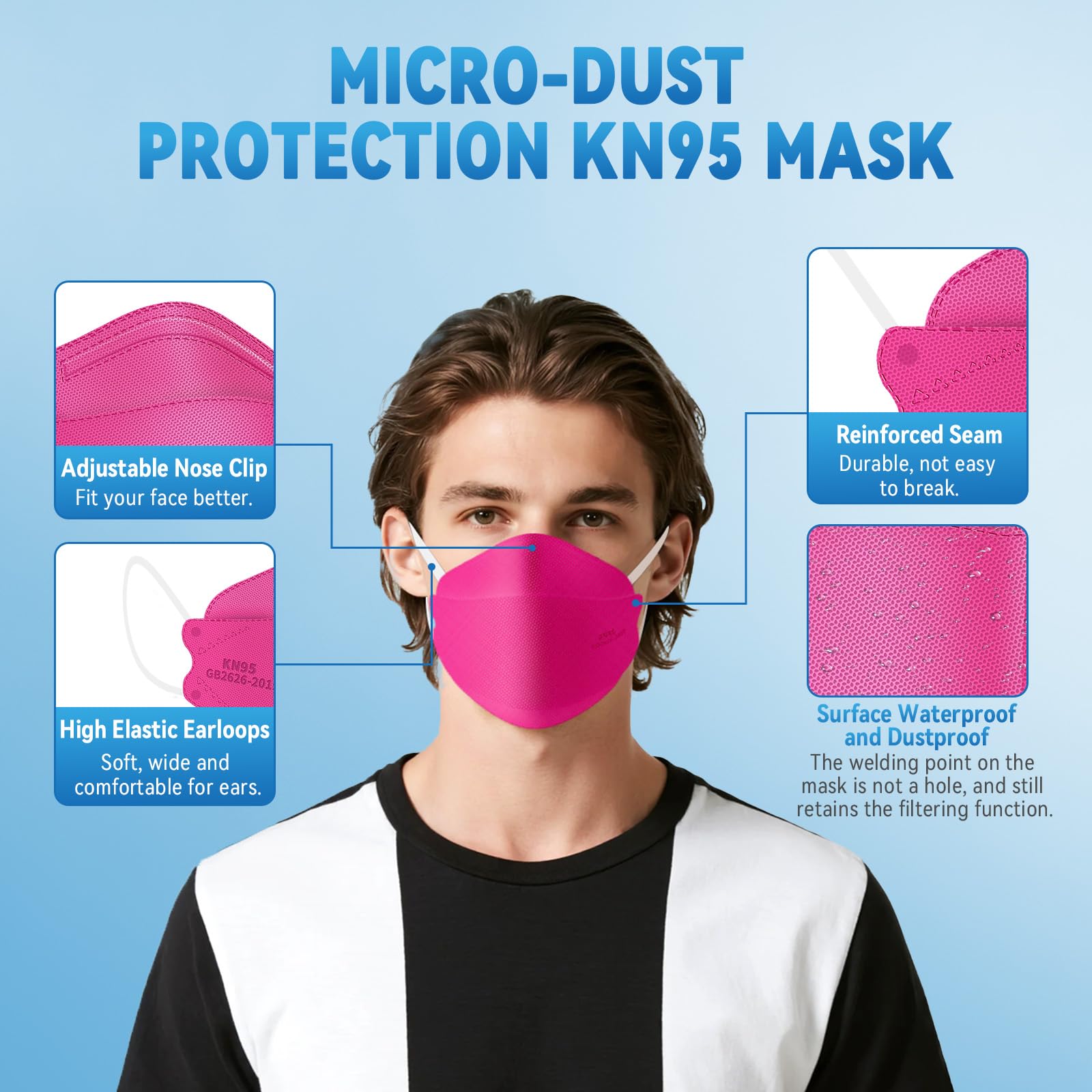 akgk KN95 Face Masks 50 Pack, 5-Ply Disposable Hot Pink Face Mask Against PM 2.5 Smoke and Dust
