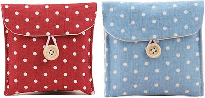 2 Pcs 1 Red and 1 Blue Sanitary Napkins Bag Menstrual Cup Pouch Nursing Pad Holder Cute Polka Dot Cotton 4.7x4.7 inch Washable Organizer Storage