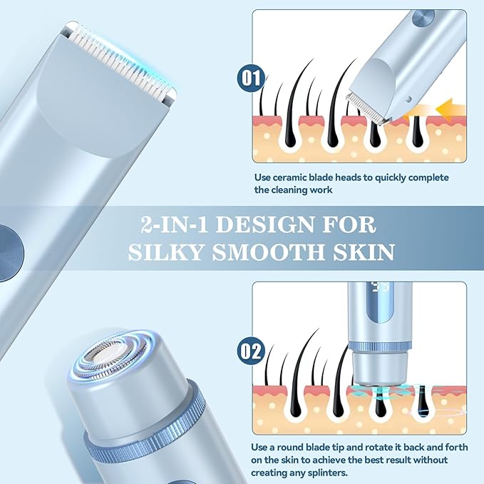 Bikini Trimmer for Women 2in1 High Power Epilators Hair Removal Waterproof Electric Razors Women's Electric Razor Pubic Hair Trimmer Shaver for Women for Ladies Pubic, Face, Underarms, Legs (Blue)
