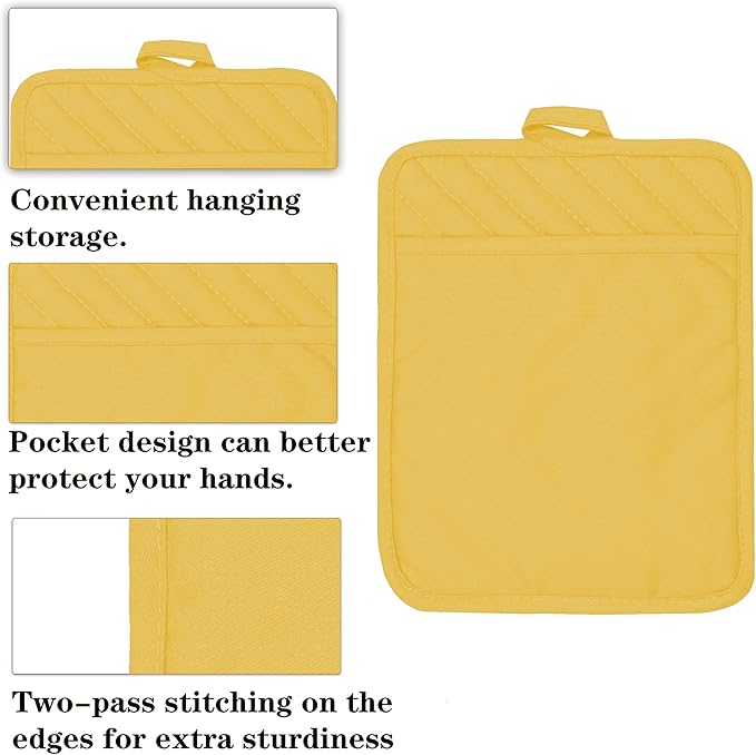 VEIKERY Oven Pot Holder with Pocket Cotton Heat Resistant Coaster Potholder Kitchen Hot Pad Oven Mitts for Cooking Square 7"x9"Set of 5 (Yellow)