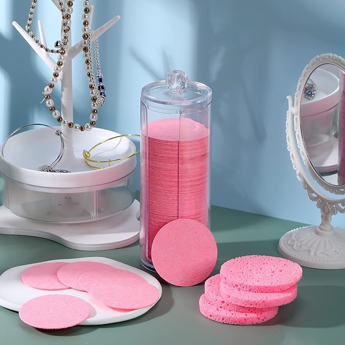Sieral 120pcs Compressed Facial Sponges Disposable Natural Face Sponges Round Soft Pads with Container for Washing Face Cleansing Exfoliating Esthetician Makeup Removal Travel(Pink)