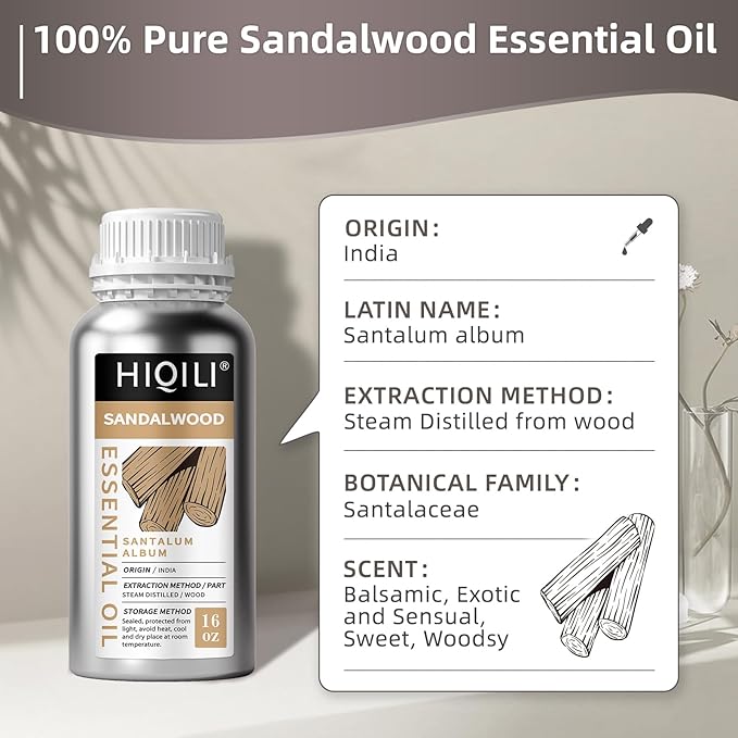 HIQILI Sandalwood Essential Oil Long-Lasting Scent for Skin Care & Diffuser