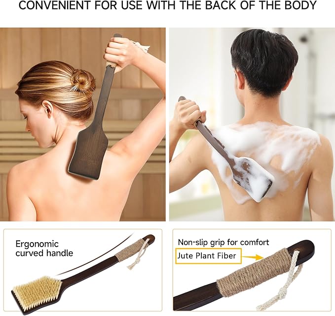 ENAMELEVO Back Scrubber Shower Brush,Dry Brushing Body Brush with 17.7 Inch Curved Long Handle, Natural Bristles for Lymphatic Drainage, Soft & Stiff Bristles Available (Natural Fiber, Stiff)