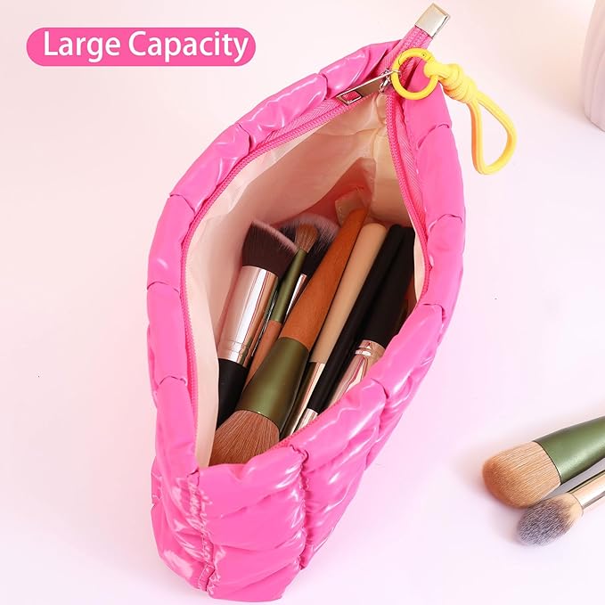 Beayuva Puffer Quilted Makeup Bag Travel Cosmetic Bag Portable Puffy Checkered Toiletry Pouch Skincare Organizer Purse Pencil Case (Light Blue)