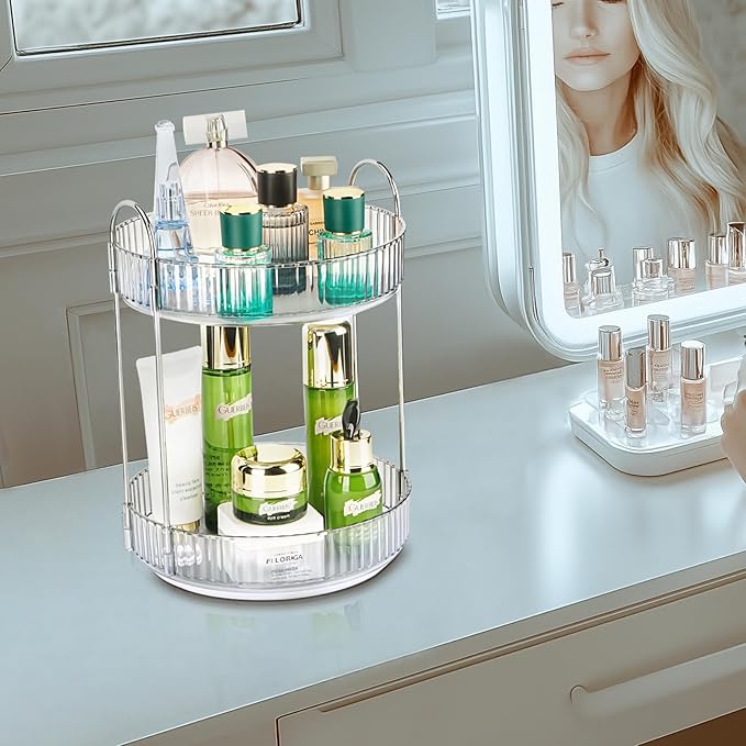 Niluks 360 Rotating Makeup Organizer, 2 Tier Lazy Susan Bathroom Counter Organizer, Skincare Organizers, Spinning Perfume Organizer & Vanity Organizer Countertop (Silver Clear, 2 Tier)