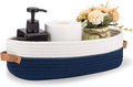Oradrem Toilet Basket,Woven Storage Basket for Toilet Tank Top Farmhouse Home Decor Organizing Baskets 13"x5.9"x4" Navy Stitching White