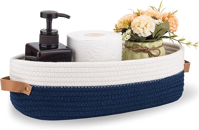 Oradrem Toilet Basket,Woven Storage Basket for Toilet Tank Top Farmhouse Home Decor Organizing Baskets 13"x5.9"x4" Navy Stitching White