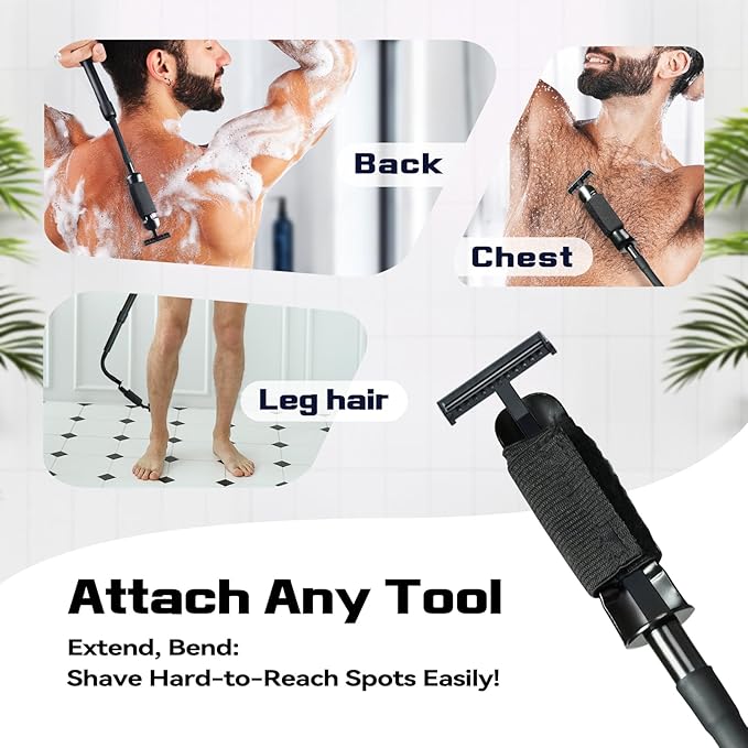 ETbyto Safety Razor Extension Handle with Adjustable Length for Leg Razor,Back Shaver for Men,Multi-Function Extension Shaver Handle can be Fitted Lotion Applicator,Hair Brush for Wet or Dry - Black