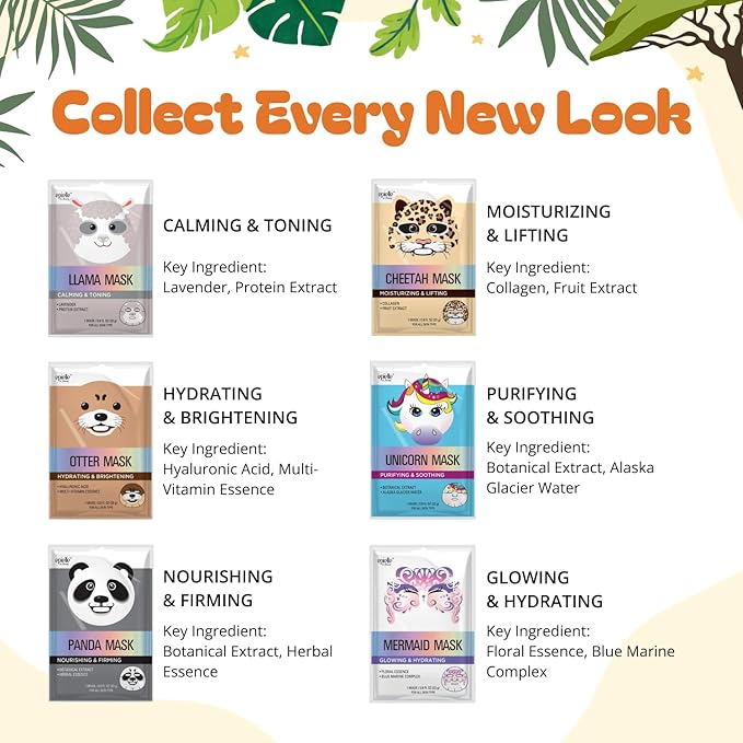 Epielle Character Face Mask Mystical Safari 6 Pack, Fun & Effective Korean Skin Care, Spa Party Favors, Birthday Gifts for Women, Self Care Gifts