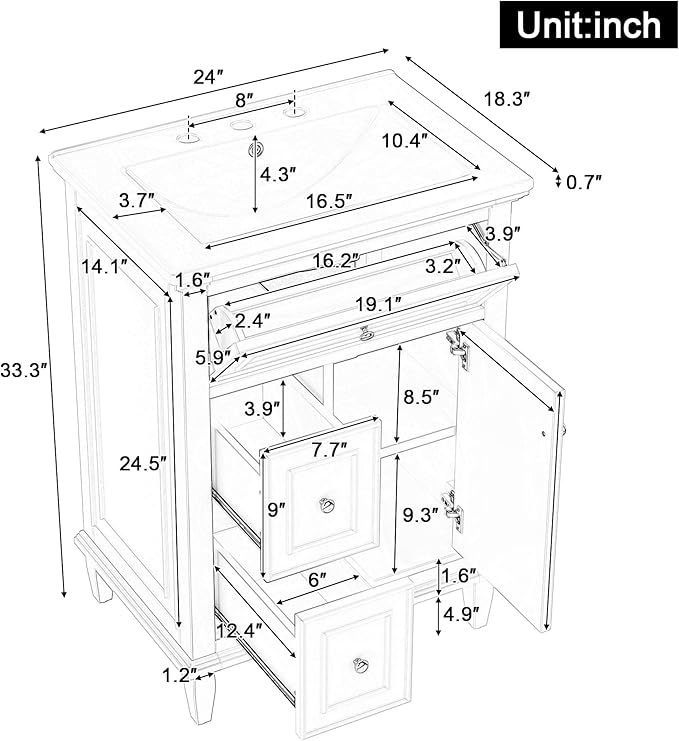 Harper & Bright Designs 24" Bathroom Vanity with Sink, Free Standing Single Basin Vanity Set with Tip-Out Drawer, 2 Drawers, and One Door, Wood Bathroom Cabinet with Ceramic Basin for Bathroom, Black