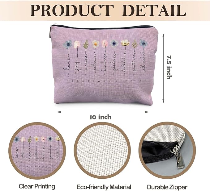 Likjad Christian Gifts Makeup Bag, Floral Christian Cosmetic Bags for Women, Galatians 5:22-23 Bible Verse Makeup Pouch, Faith Based Gifts Zipper Pouch（purple