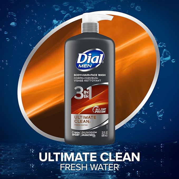 Dial Men 3 in 1 Body, Hair and Face Wash, Refresh, 23 Fl Oz, Pack of 3, Cleanses Deep + Gentle on Skin with Clean Rinse Technology