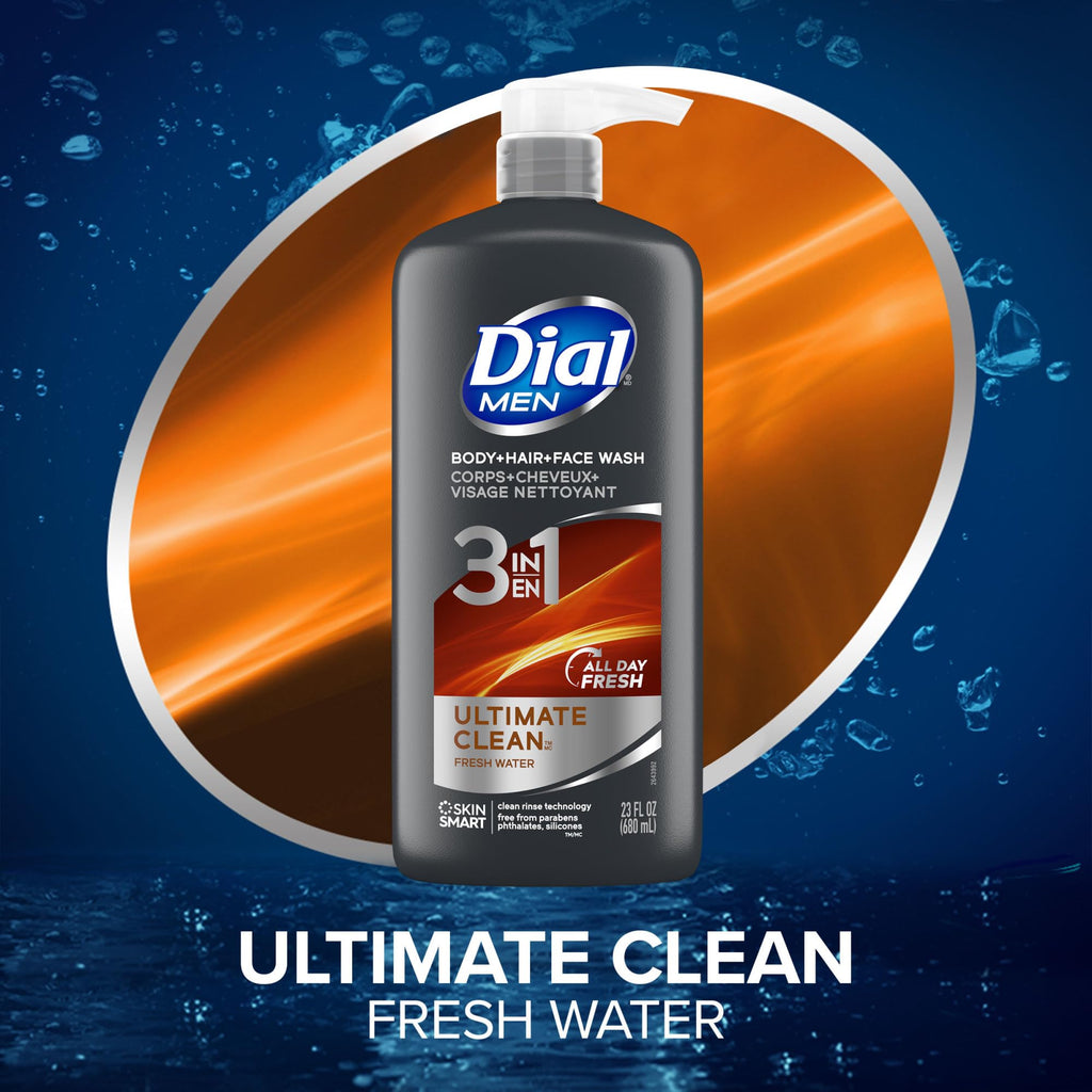 Dial Men 3 in 1 Body, Hair and Face Wash, Refresh, 23 Fl Oz, Pack of 3, Cleanses Deep + Gentle on Skin with Clean Rinse Technology