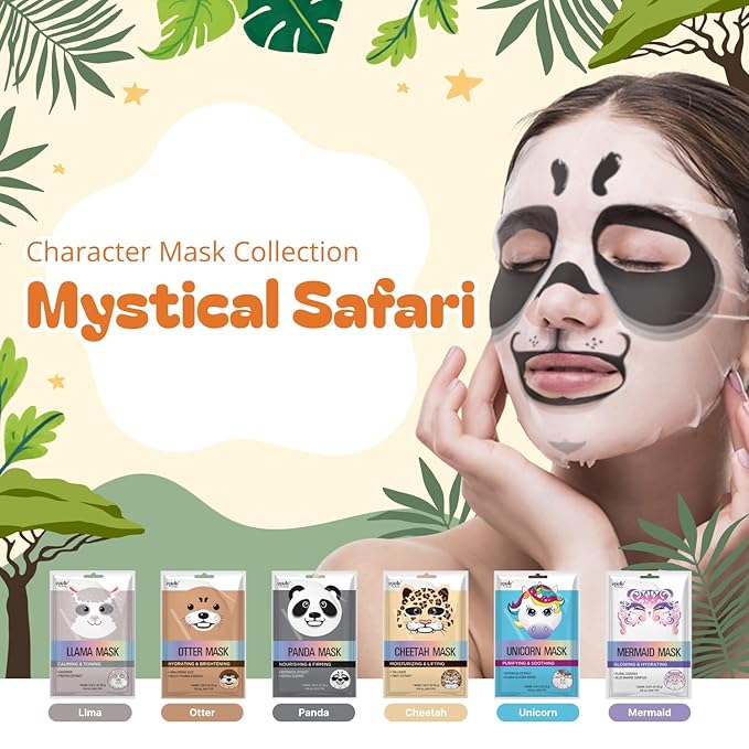 Epielle Character Face Mask Mystical Safari 6 Pack, Fun & Effective Korean Skin Care, Spa Party Favors, Birthday Gifts for Women, Self Care Gifts