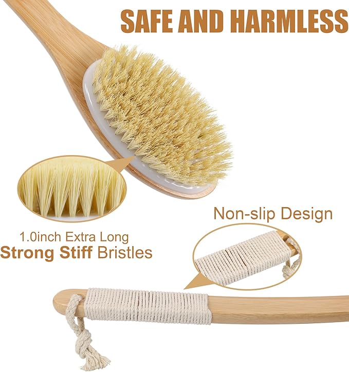OWIIZI Back Scrubber Brush for Shower Body Brush with Stiff Sisal Bristles