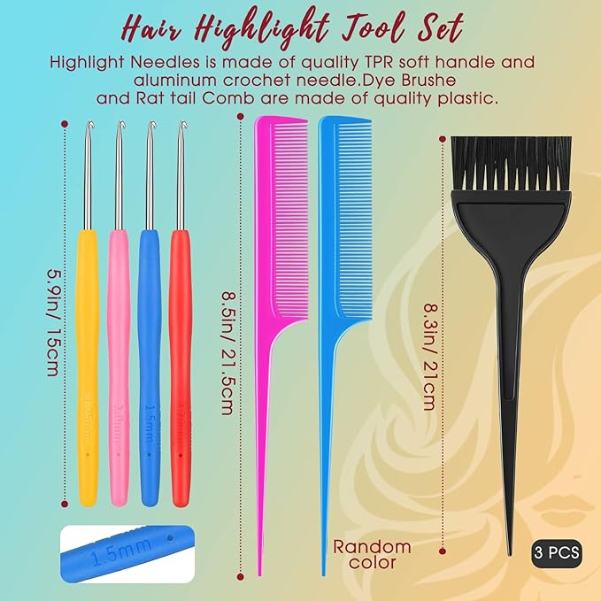 27 Pcs Hair Highlighting and Coloring Kit, Include 6 Highlight Cap for Hair Dying Coloring Frosting Caps 6 Dye Shawl 6 Pair Gloves 3 Dye Brush 4 Needle 2 Rat Tail Comb for Salon Hairdressing