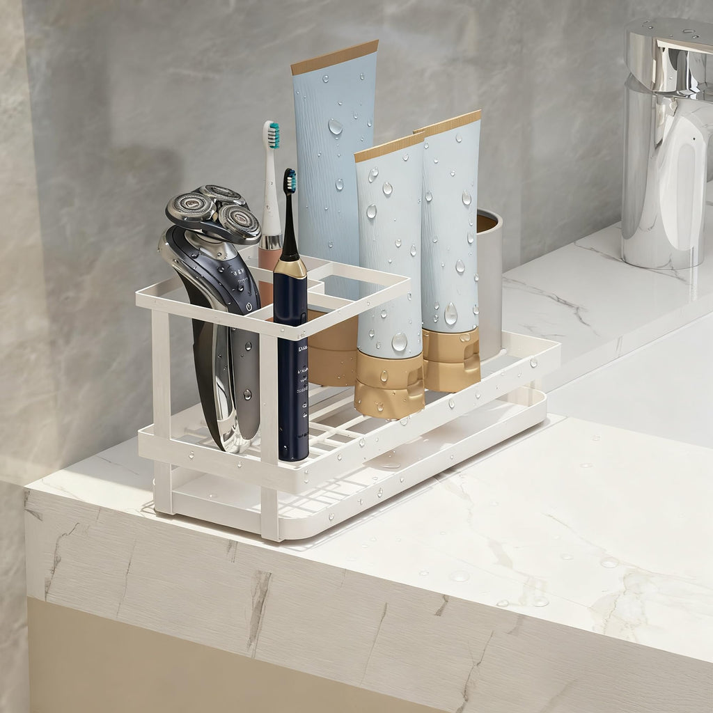 Toothbrush Holders for Bathroom,Carbon Steel Bathroom Organizer Countertopr for Electric Toothbrush,Toothpaste and Razors-Which is Perfect for Countertop Storage,Shower,Sink (White)