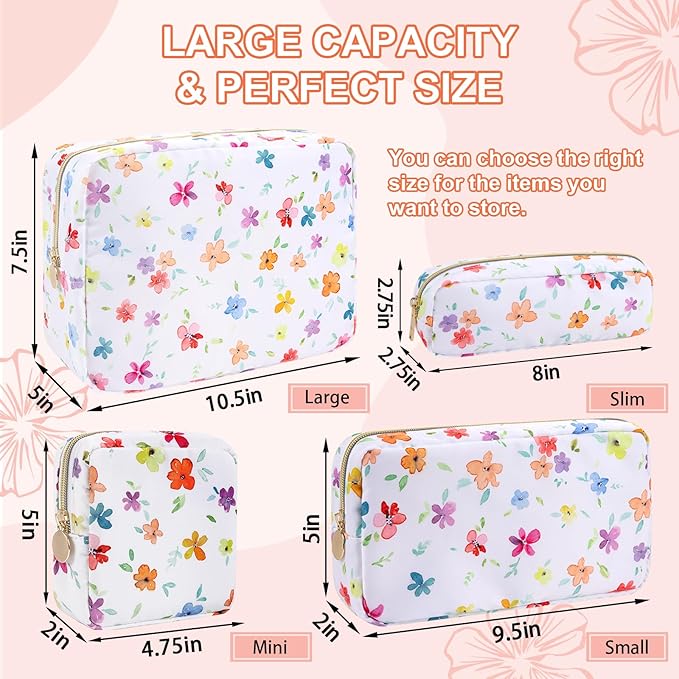 Waterproof Large Floral Makeup Pouch,Nylon Travel Toiletry Storage Purse Preppy Cosmetic Bag for Women Girl,Large Capacity Makeup Organizer Zipper Pouch for Work(L Colorful-Flowers)