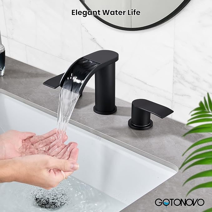 gotonovo Waterfall 8 inch Widespread Bathroom Faucet Set Bathroom Sink Faucet 3 Hole 2 Handle Vanity Lavatory Deck Mount with Pop Up Drain and Water Supply Lines Round Body Matte Black