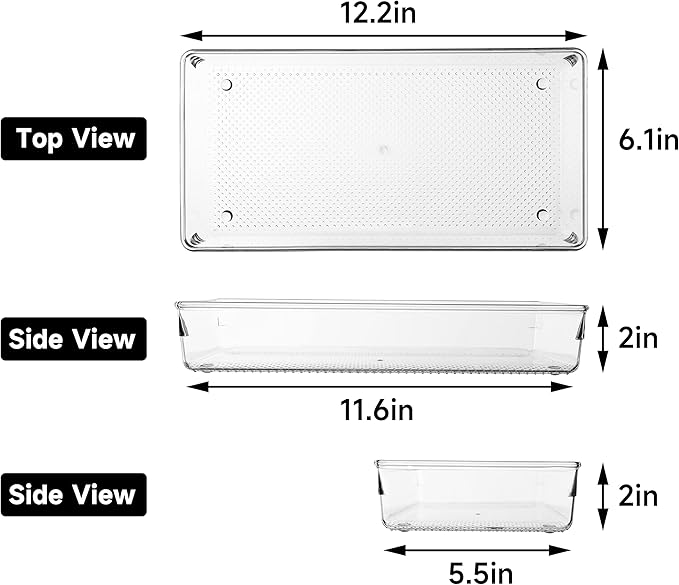 ihomecooker 3 Pack Large Clear Plastic Drawer Organizer Tray Cutlery Utensil Makeups Drawer Organizers 12" X 6"