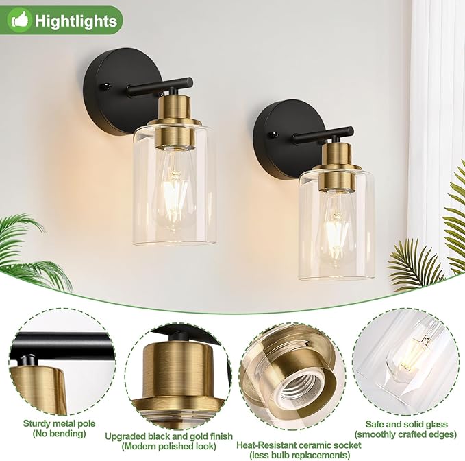Zarbitta Set of 2 Wall Sconces for Bathroom, Black and Gold Modern Vanity Lights with Clear Glass Shade,Bathroom Wall Lamp for Mirror Kitchen Living Room Hallway Cabinet Porch
