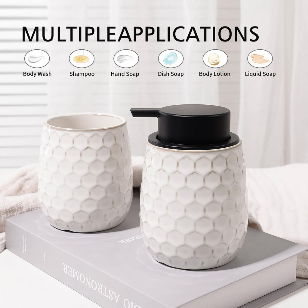 Soap Dispenser, 12 OZ Ceramic Liquid White Hand Soap Dispenser with Honeycomb Design for Kitchen or Bathroom, Refillable Dish Lotion Dispenser, ANTIS'S HOME
