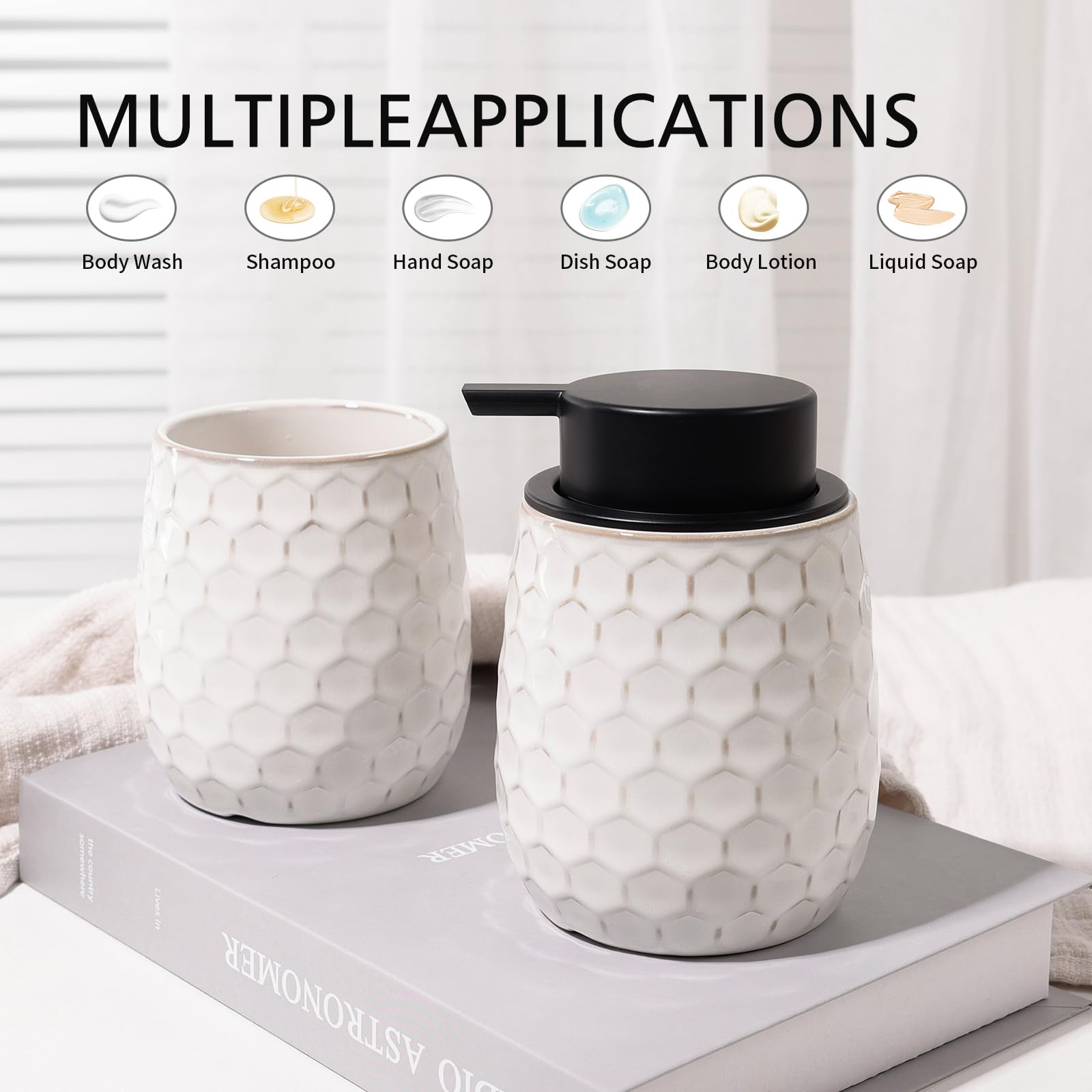 Soap Dispenser, 12 OZ Ceramic Liquid White Hand Soap Dispenser with Honeycomb Design for Kitchen or Bathroom, Refillable Dish Lotion Dispenser, ANTIS'S HOME