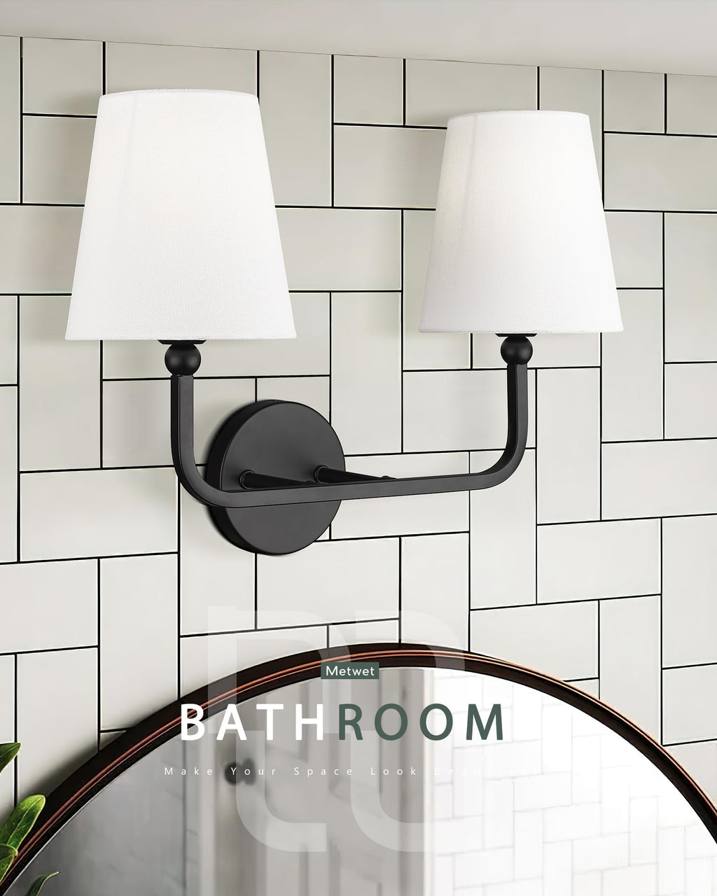 METWET 2-Light Matte Black Bathroom Vanity Light, White Fabric Shades